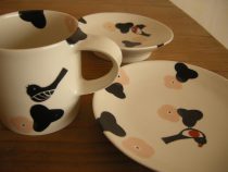 ピンク花ととり　皿　